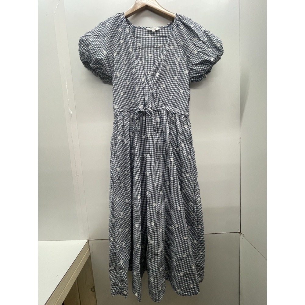 Madewell Gingham Embroidered Dot Puff Sleeve Midi Dress Navy White XXS - Picture 5 of 8